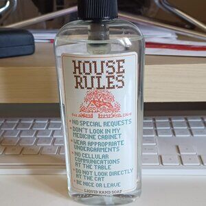 Gag Gift hand soap dispenser pump label reads House Rules No Special Requests